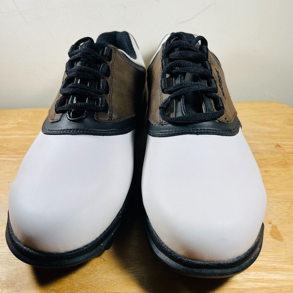 FootJoy GreenJoys Mens Shoes Size 9 White Brown Black Saddle Golf Spikes 45516 - Picture 2 of 10